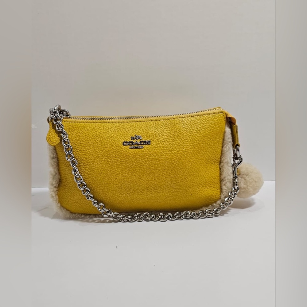 NWT Coach Yellow Pebbled Leather Mini Wristlet with Shearling Accents